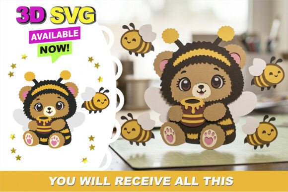 Download Cute Bee Bear Cake Topper 3D SVG File - 3d svg Collection