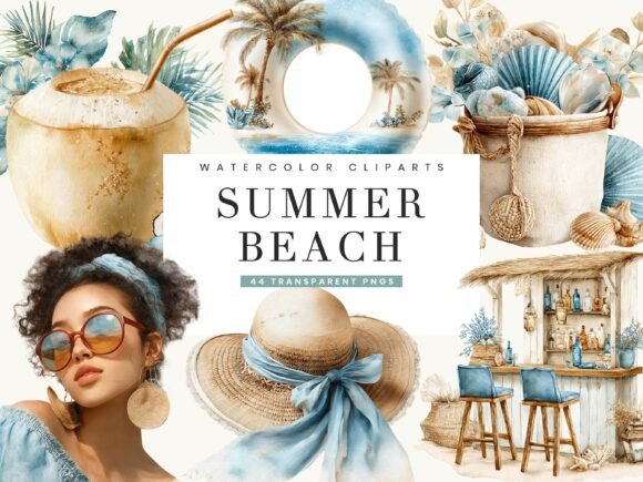 Download Watercolor Summer Beach Clipart - Beach Collection