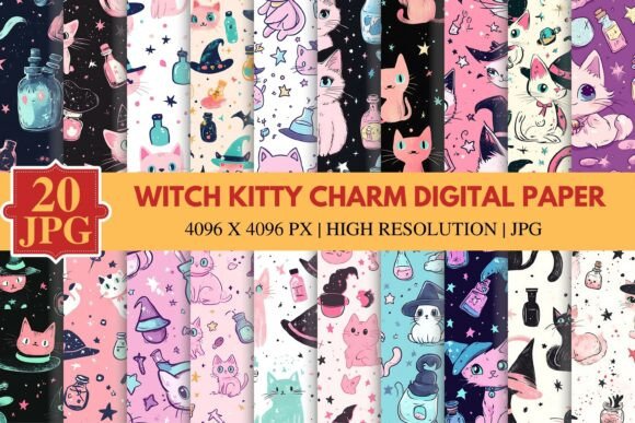 Download Witch Kitty Charm Digital Paper - Kitty Collection